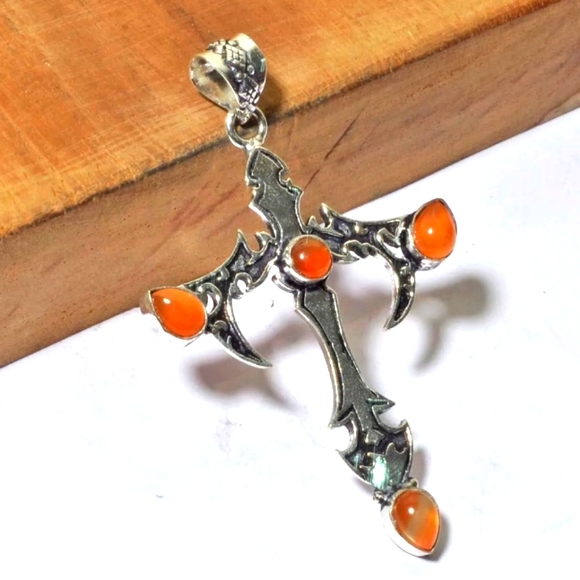 Jewelry - UNISEX STERLING SILVER PLATED CARNELIAN STONE CROSS
